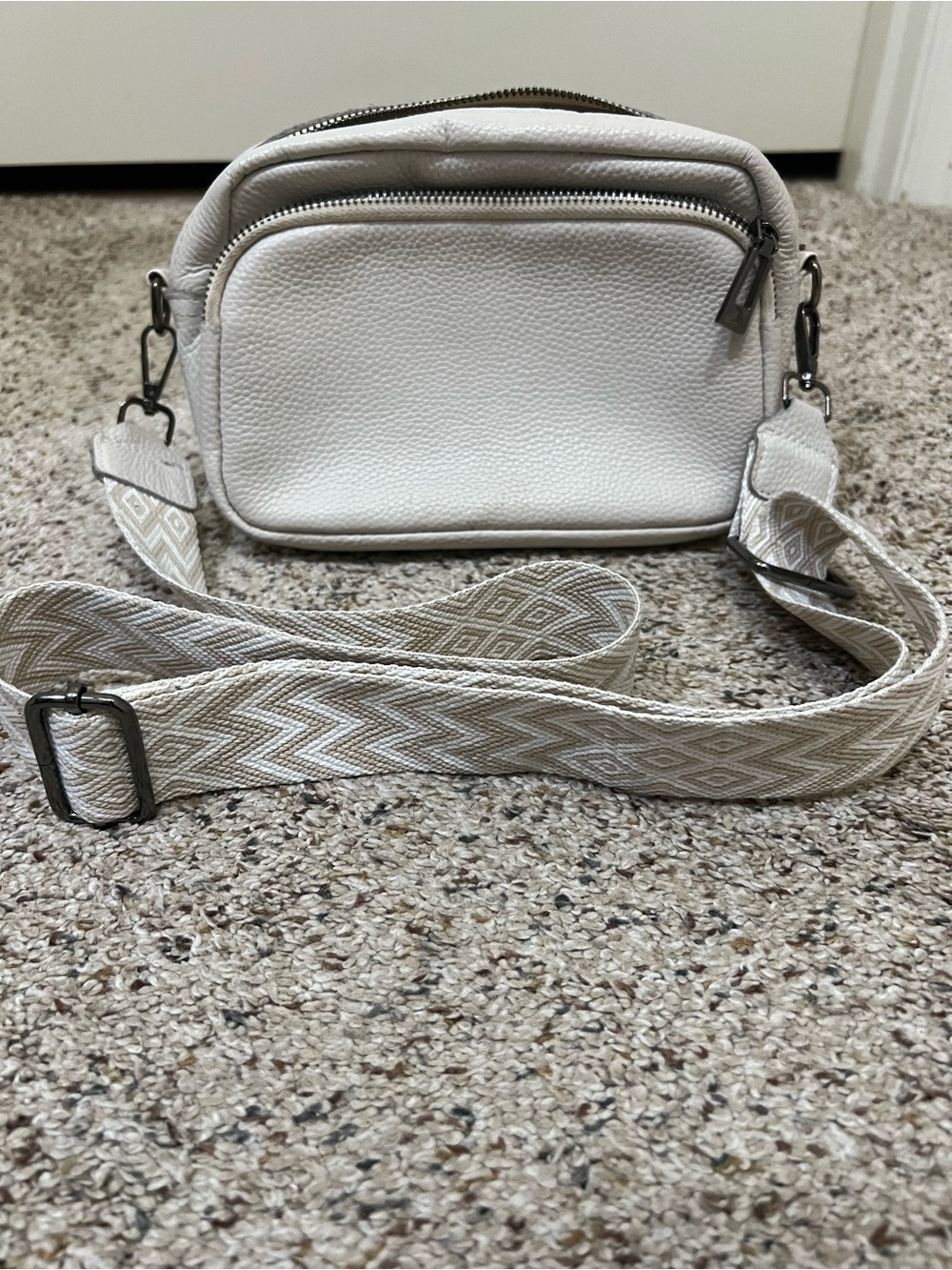 White Crossbody Camera Bag with Detachable Patterned Strap
